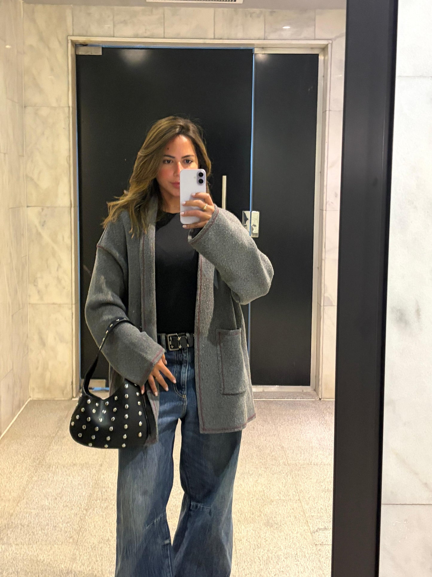 THE KNITTED EDGED CARDIGAN IN GREY