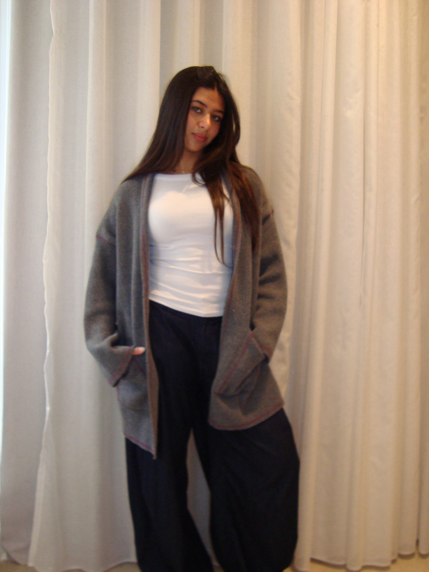 THE KNITTED EDGED CARDIGAN IN GREY